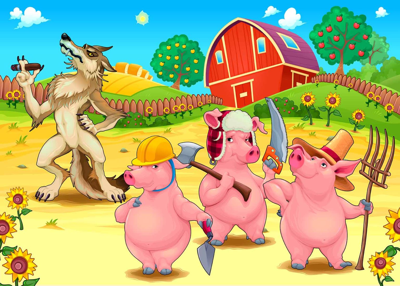 Three little pigs and bad wolf. Cartoon vector fairytale illustration.