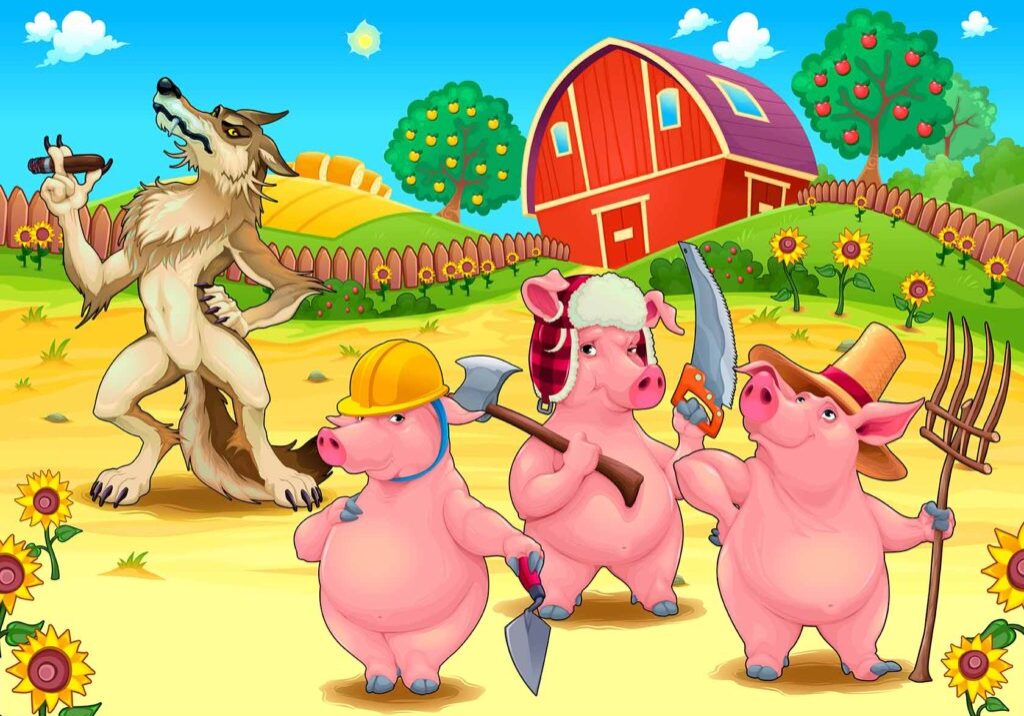 Three little pigs and bad wolf. Cartoon vector fairytale illustration.