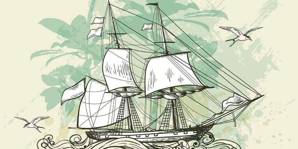 Vintage vector background with sailing vessel.