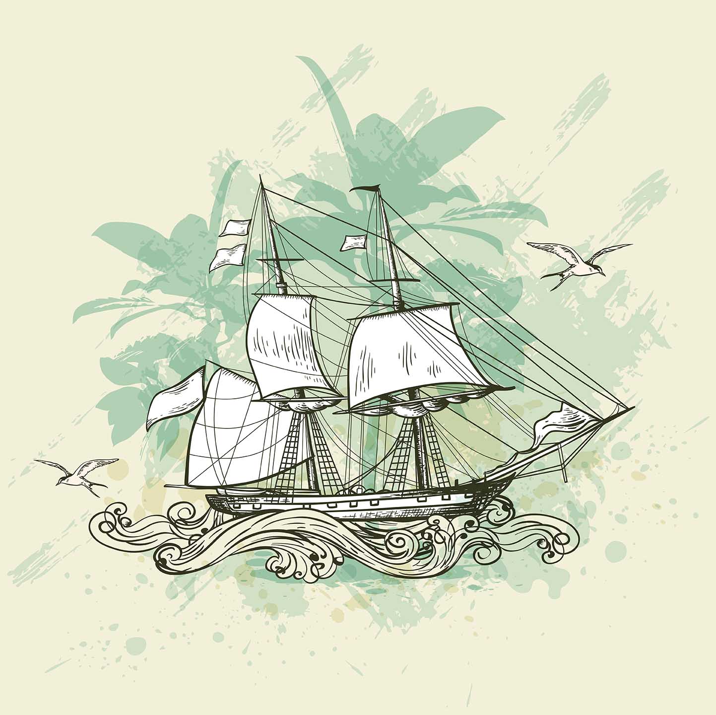 Vintage vector background with sailing vessel.